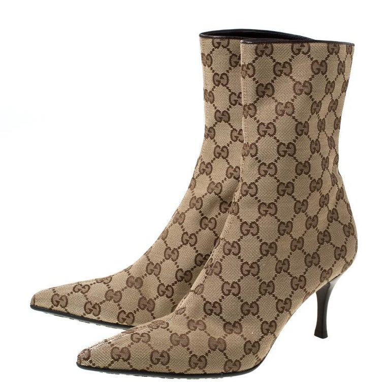 Gucci Brown And Beige GG Monogram Canvas Pointed Toe Ankle Boots Size 37.5  For Sale at 1stDibs | gucci boots monogram, gucci monogram ankle boots