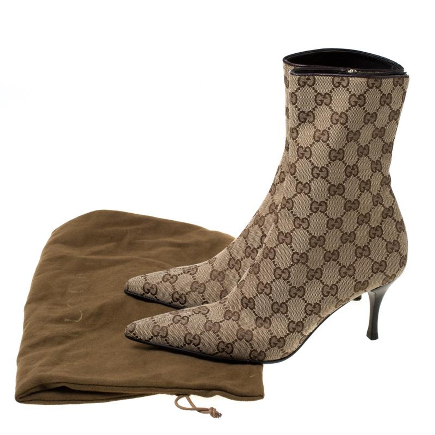 Gucci Brown And Beige GG Monogram Canvas Pointed Toe Ankle Boots Size 37.5  For Sale at 1stDibs | gucci boots monogram, gucci monogram ankle boots