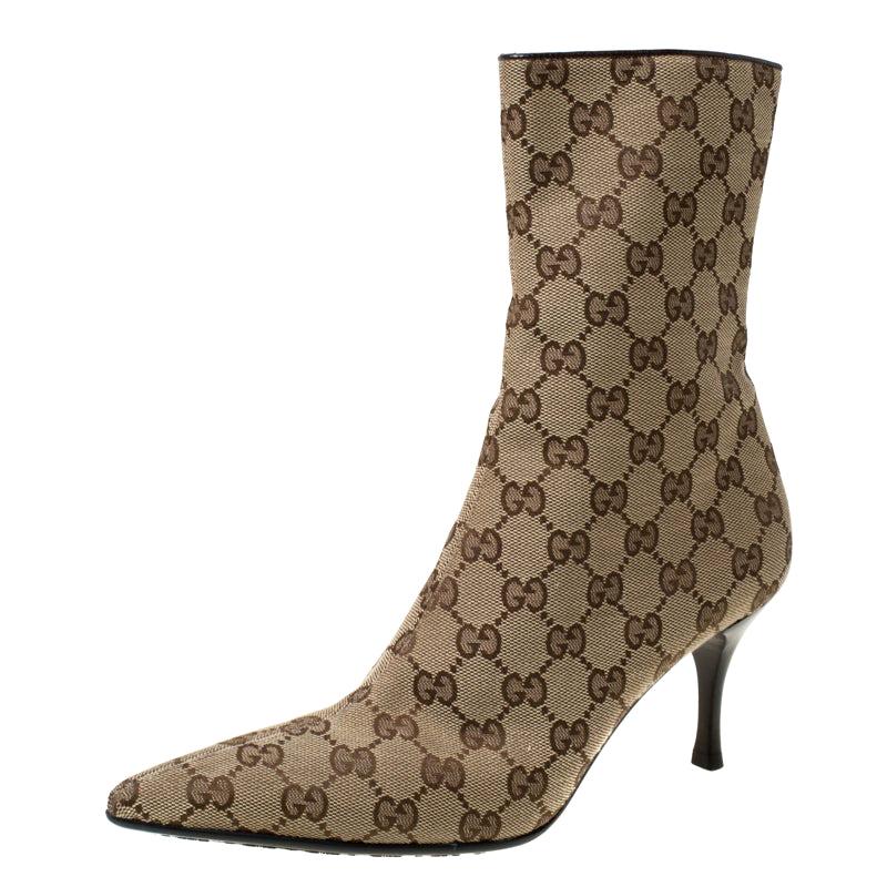 Gucci Brown And Beige GG Monogram Canvas Pointed Toe Ankle Boots Size 37.5  For Sale at 1stDibs