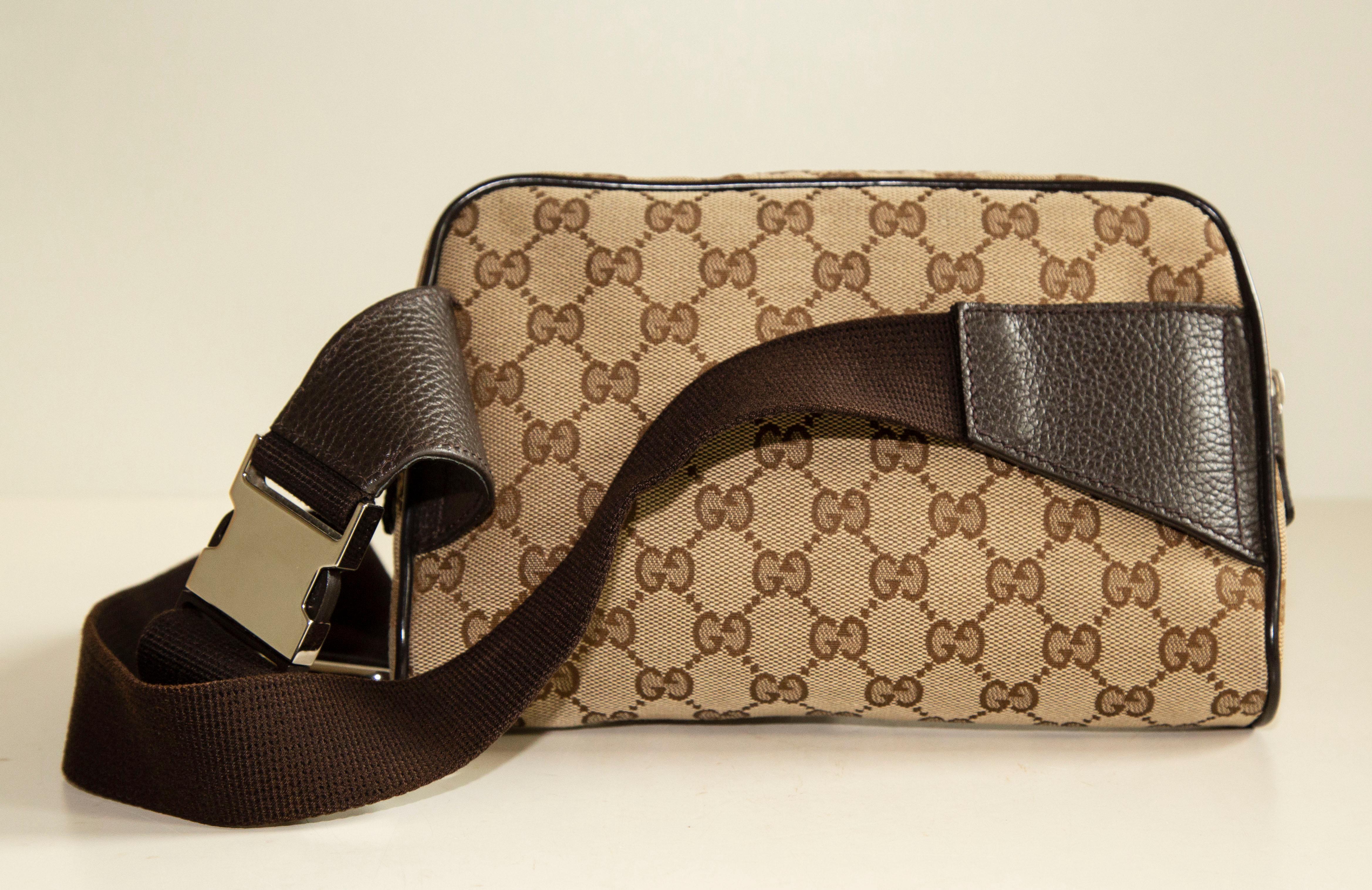 Gucci Brown and Beige Monogram Canvas Waist/Belt Bag For Sale 2