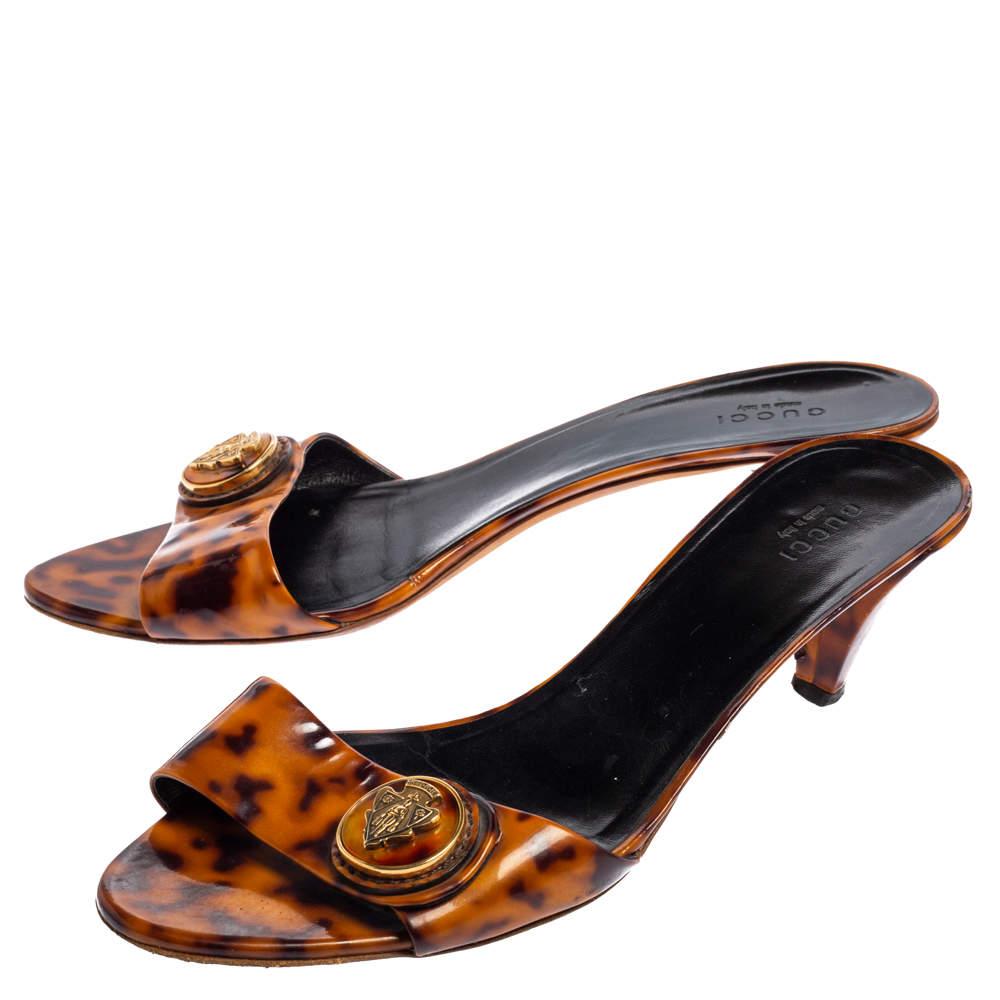 Women's Gucci Brown Animal Print Patent Leather Hysteria Slide Sandals Size 39.5