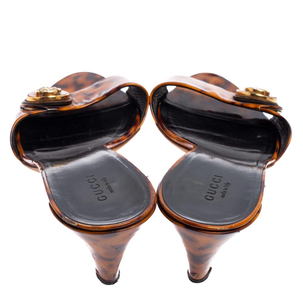 Gucci Brown Animal Print Patent Leather Hysteria Slide Sandals Size 39.5 1