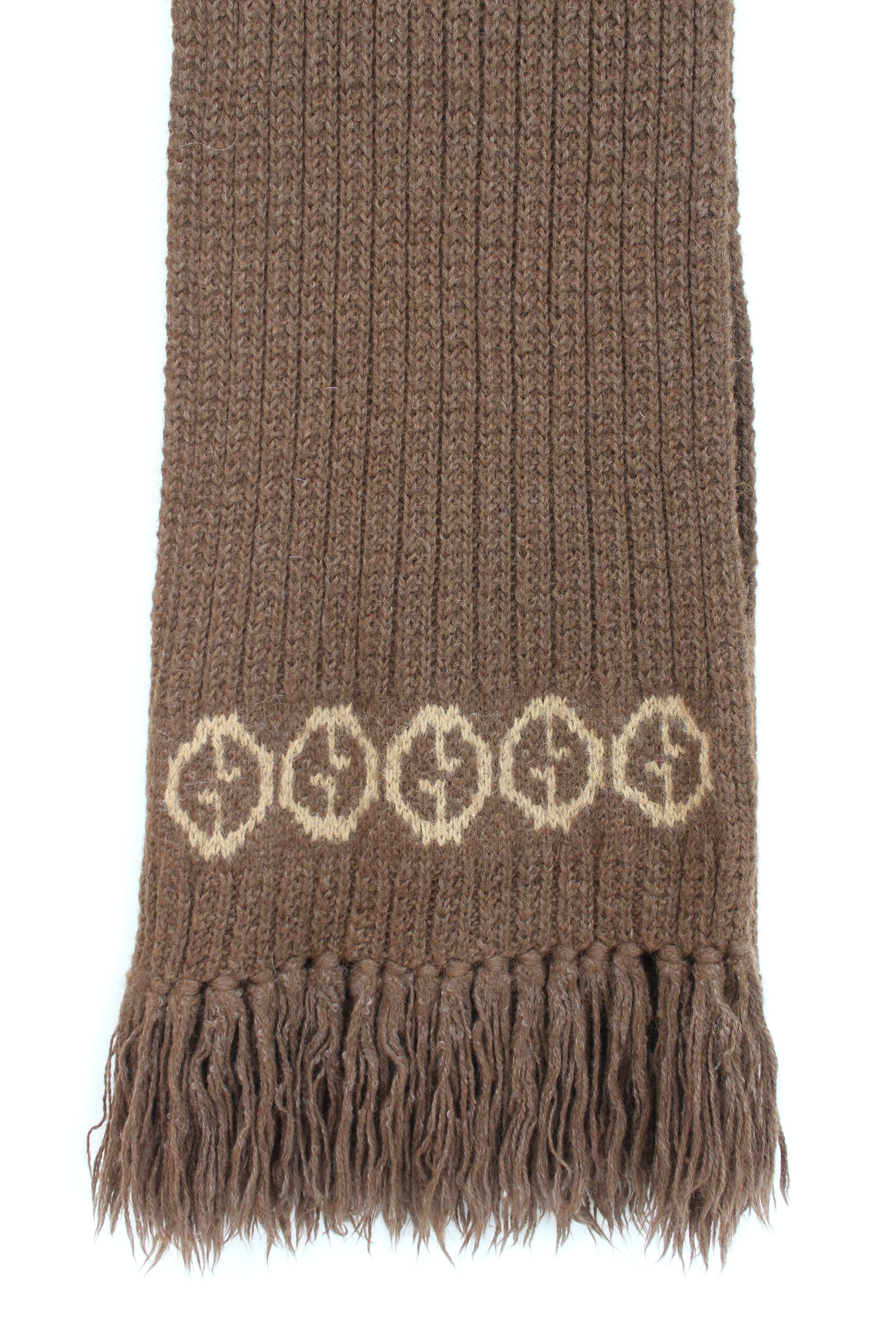 Gucci Brown Beige Alpaca Wool Monogram Scarf 1970s In Excellent Condition In Brindisi, Bt