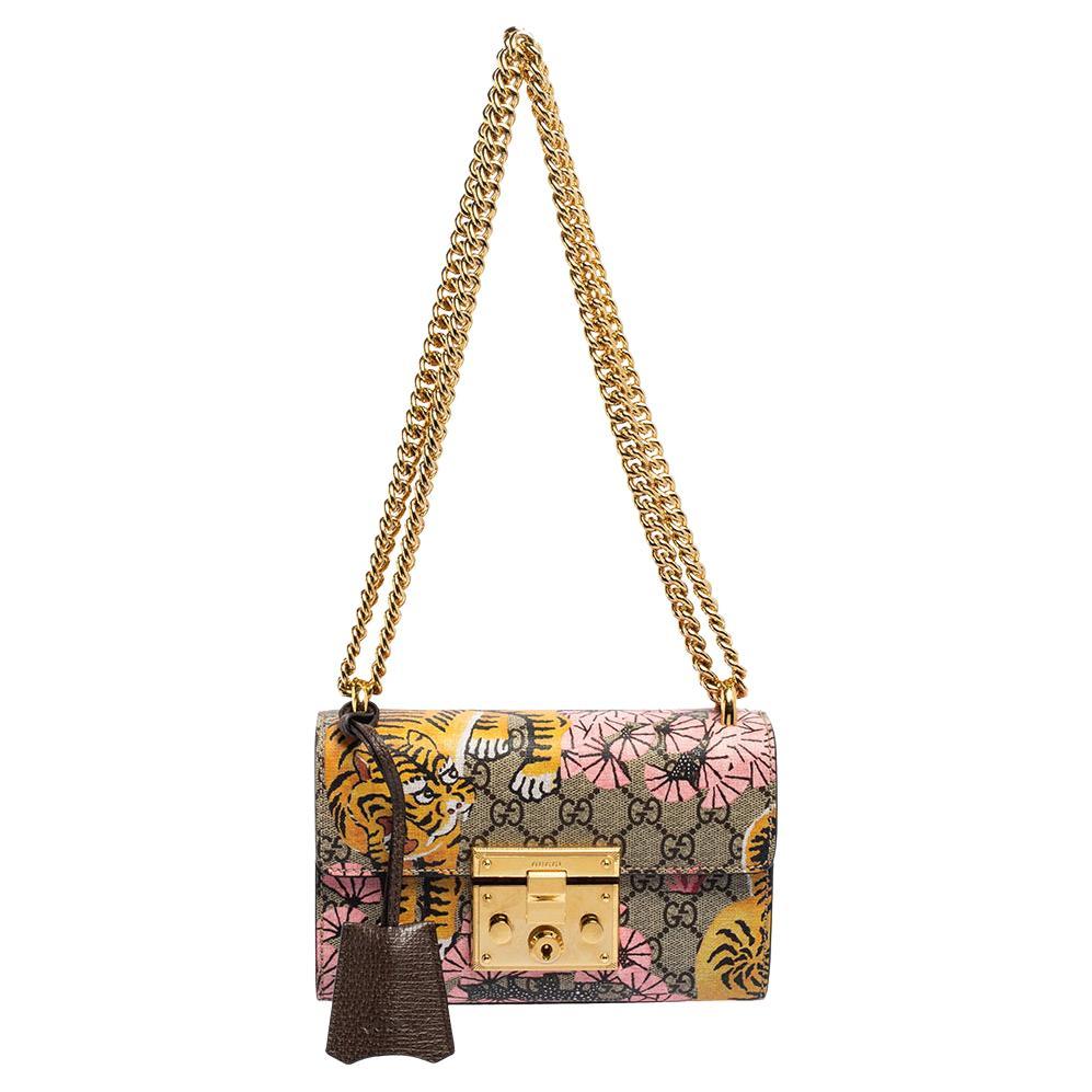 Gucci Brown/Beige Bengal GG Supreme Canvas and Leather Small Padlock  Shoulder Bag at 1stDibs
