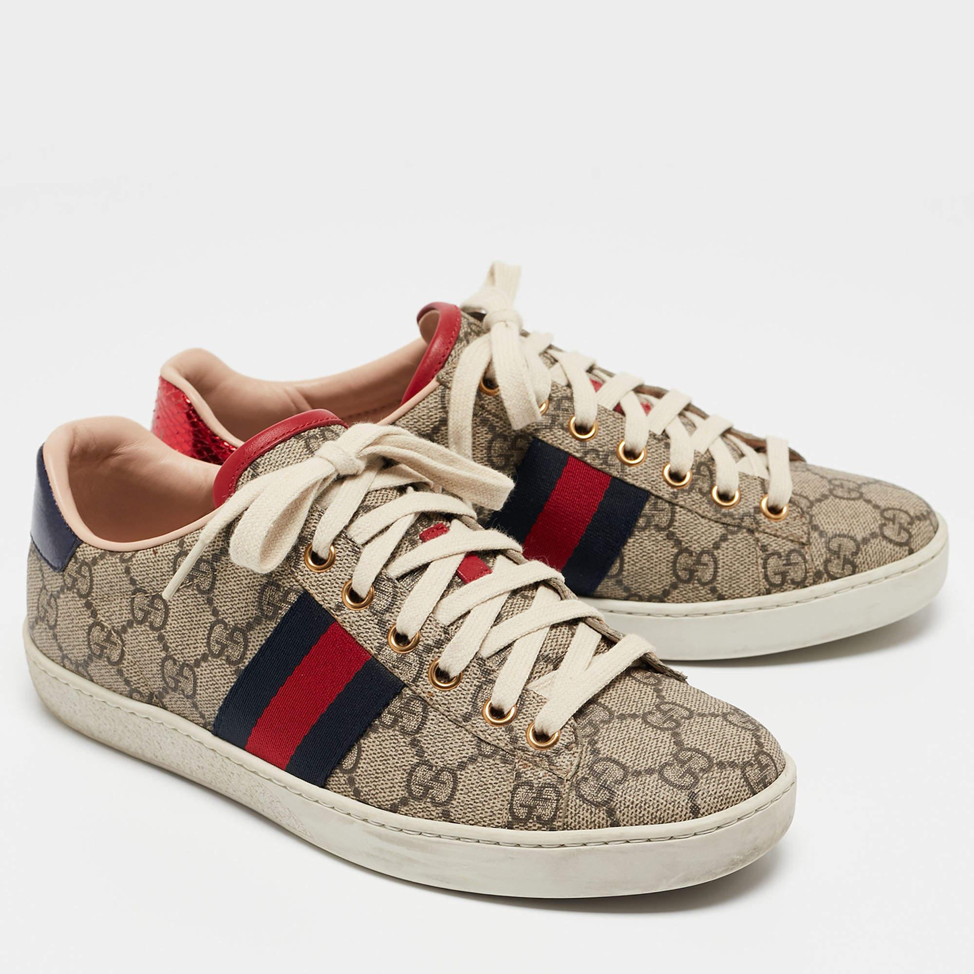 Women's Gucci Brown/Beige Canvas Ace Low Top Sneakers Size 37