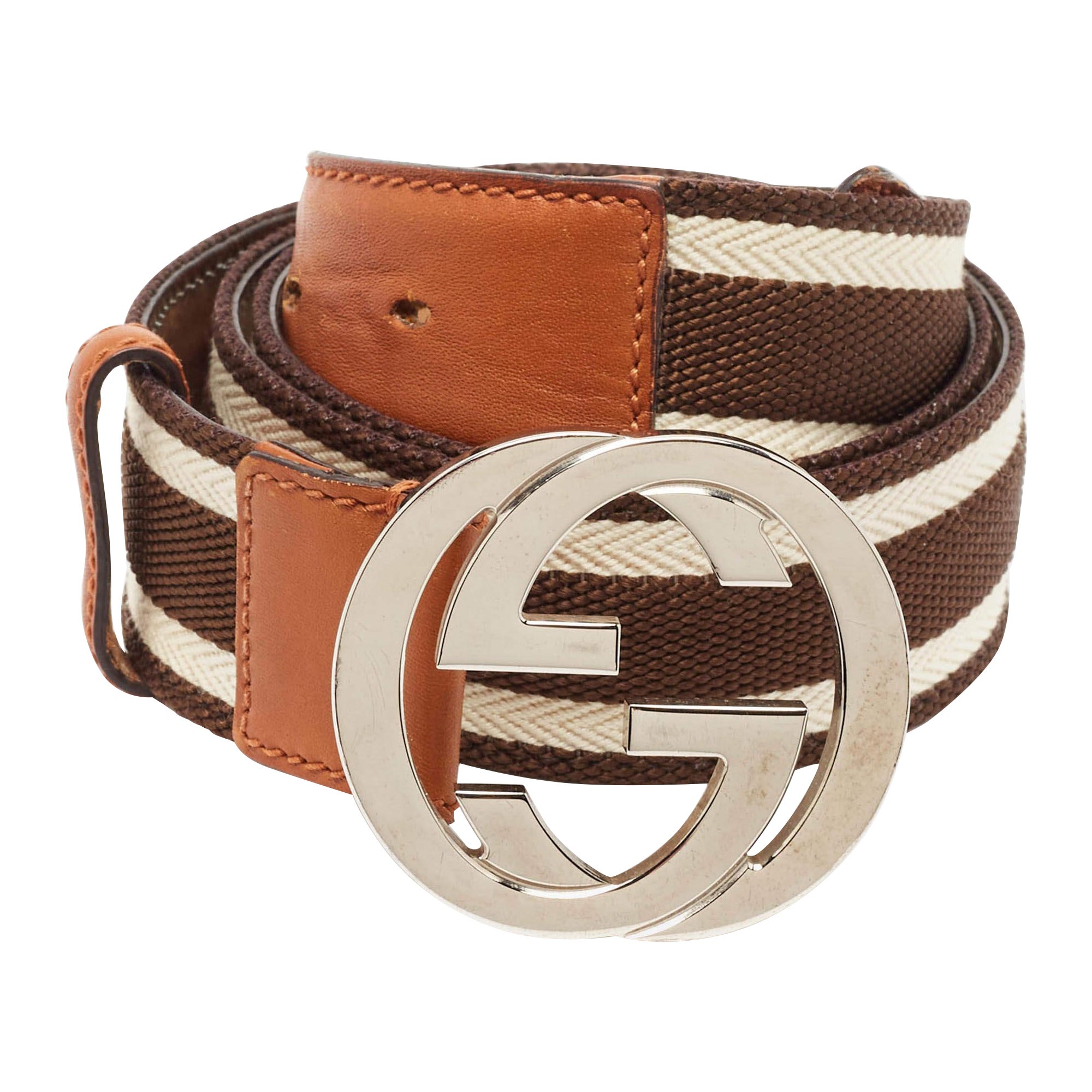 Gucci Brown/Beige Canvas and Leather Interlocking G Buckle Belt 105 CM