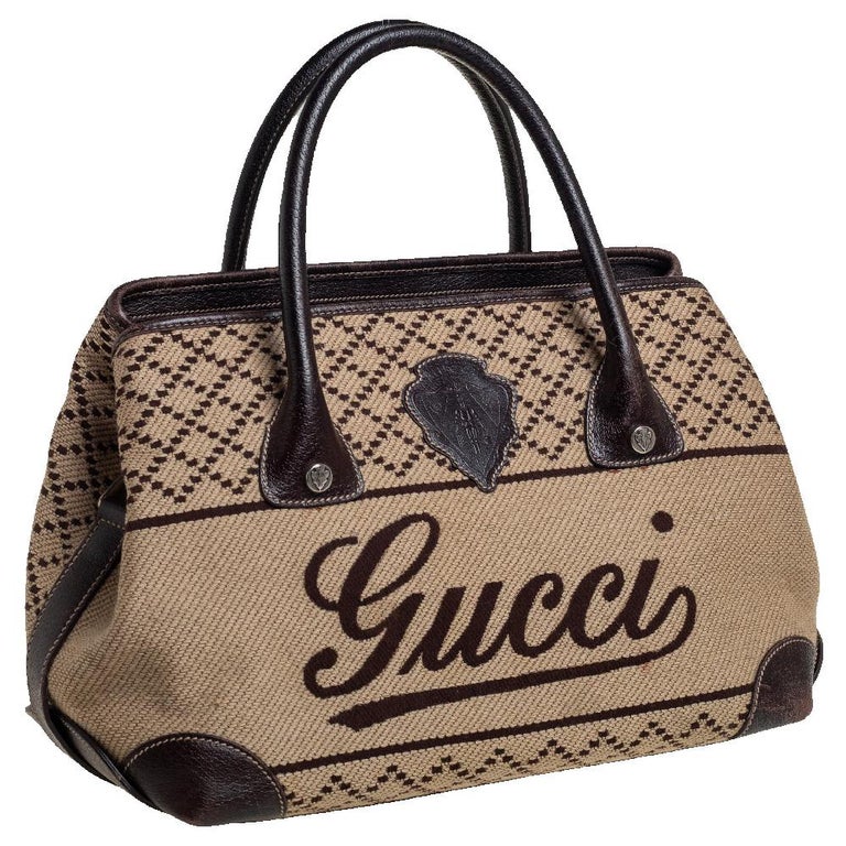Gucci Brown/Beige Canvas and Leather Medium Diamond Blazon Tote at 1stDibs