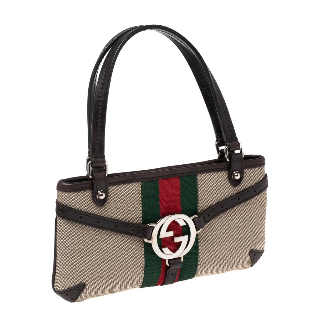 Gucci Brown/Beige Canvas and Leather Reins Pochette Clutch Bag In Good Condition In Dubai, Al Qouz 2