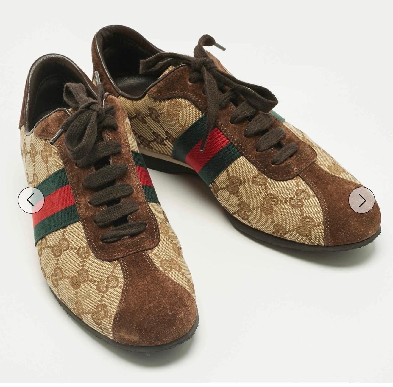 Gucci, scarpe da ginnastica in tela e pelle scamosciata marrone/beige, Up & Up, misura 6.5B in vendita 5