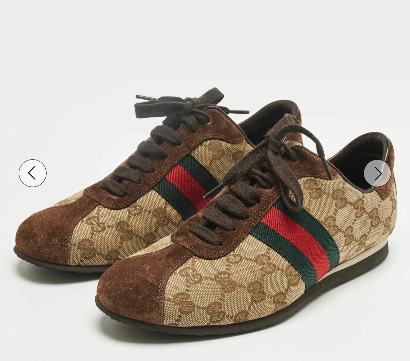 Donna Gucci, scarpe da ginnastica in tela e pelle scamosciata marrone/beige, Up & Up, misura 6.5B in vendita