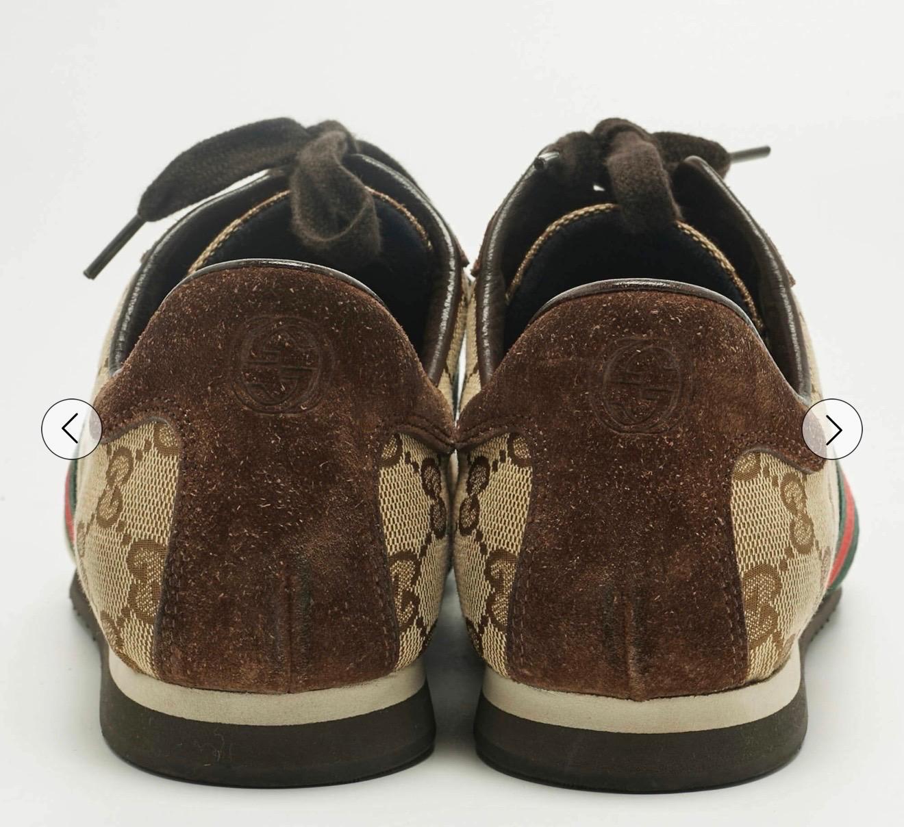 Gucci, scarpe da ginnastica in tela e pelle scamosciata marrone/beige, Up & Up, misura 6.5B in vendita 1