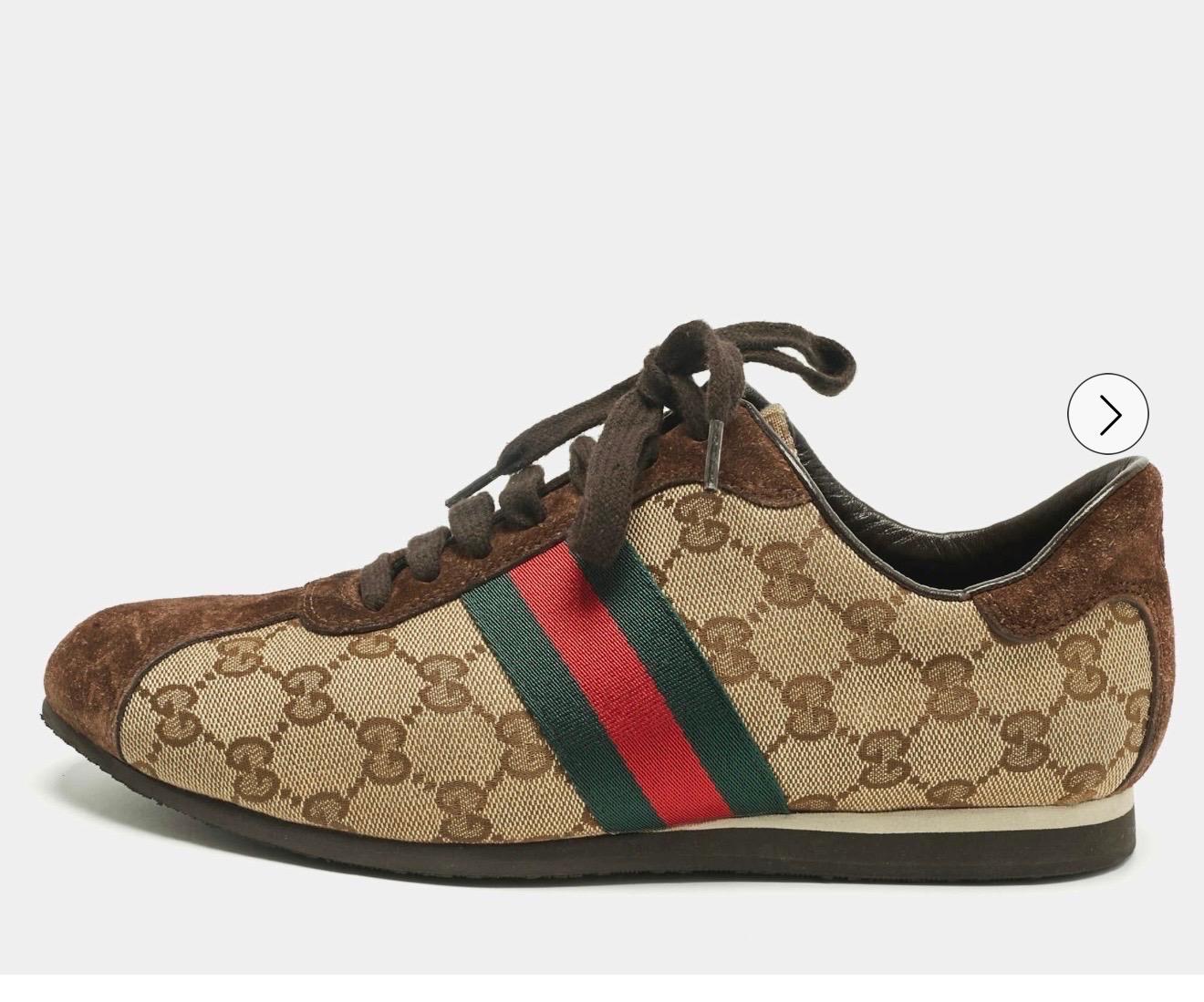 Gucci, scarpe da ginnastica in tela e pelle scamosciata marrone/beige, Up & Up, misura 6.5B in vendita 3