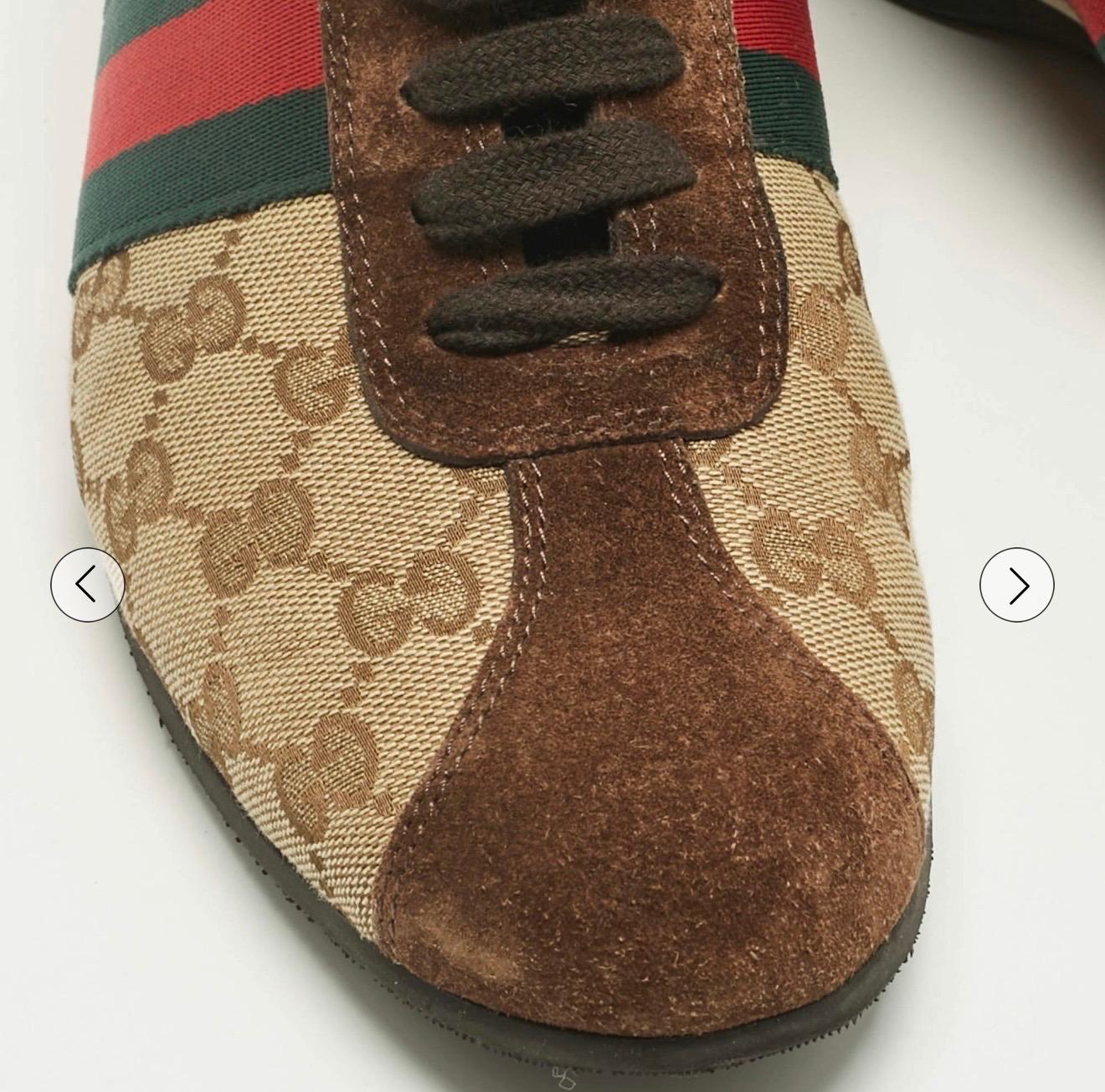 Gucci, scarpe da ginnastica in tela e pelle scamosciata marrone/beige, Up & Up, misura 6.5B in vendita 4