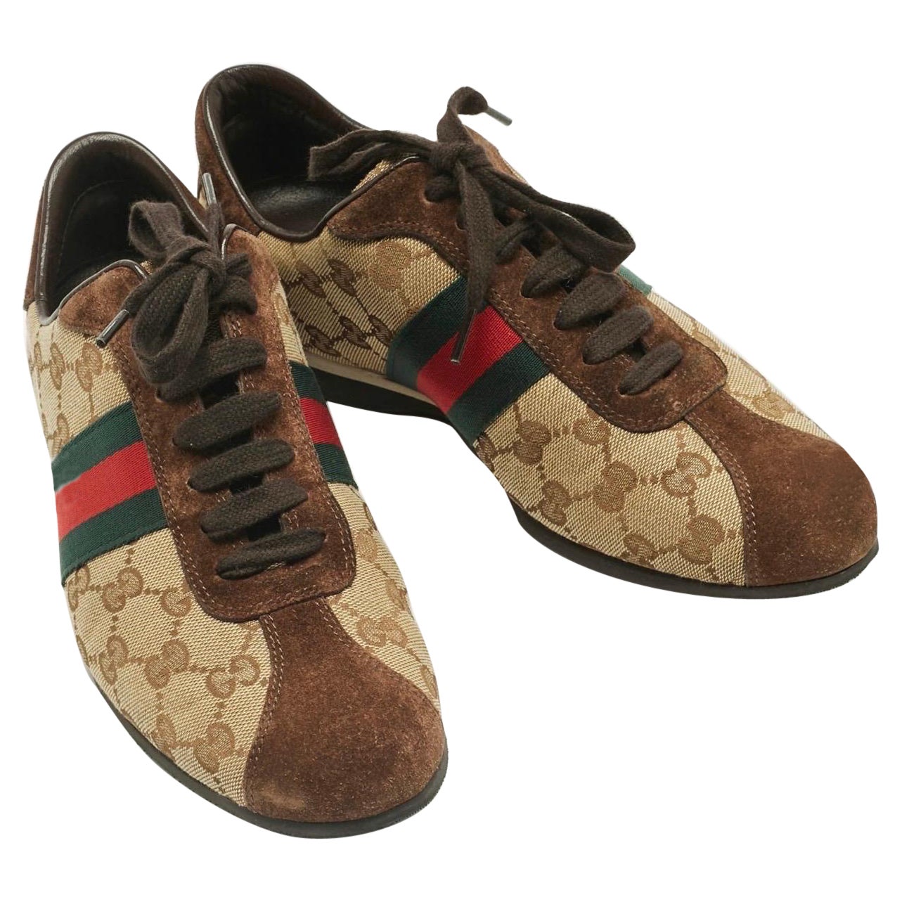 Gucci, scarpe da ginnastica in tela e pelle scamosciata marrone/beige, Up 
Up, misura 6.5B in vendita