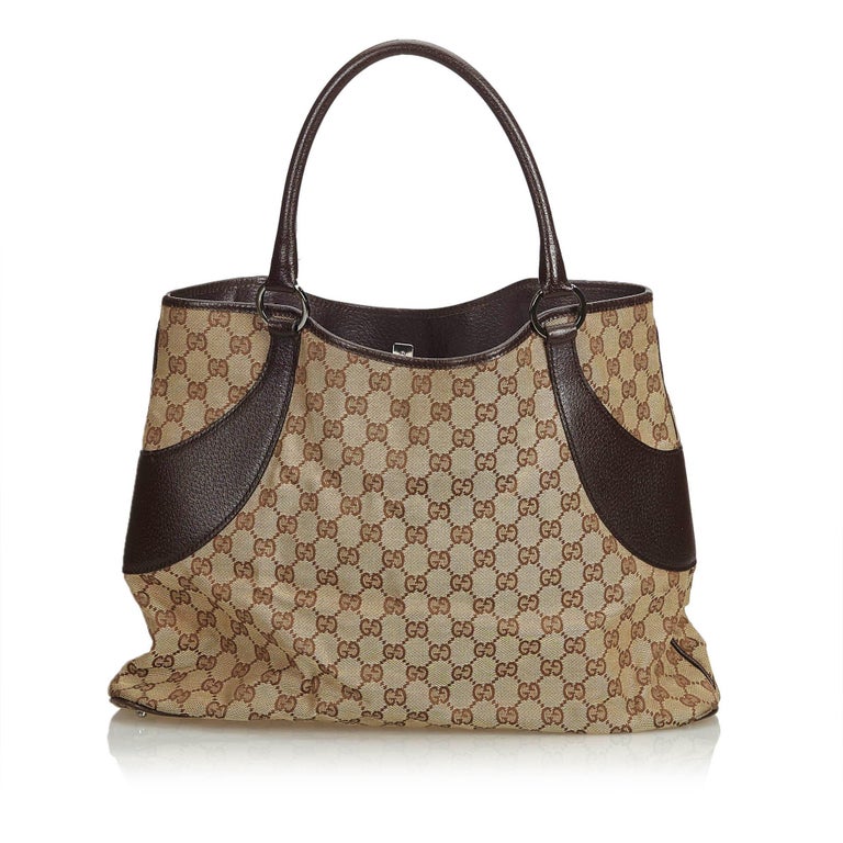 Gucci Brown Beige Canvas Fabric GG Tote Bag Italy at 1stdibs