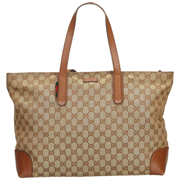Gucci Brown Beige Canvas Fabric GG Web Tote Bag Italy w/ Dust Bag For Sale at 1stdibs