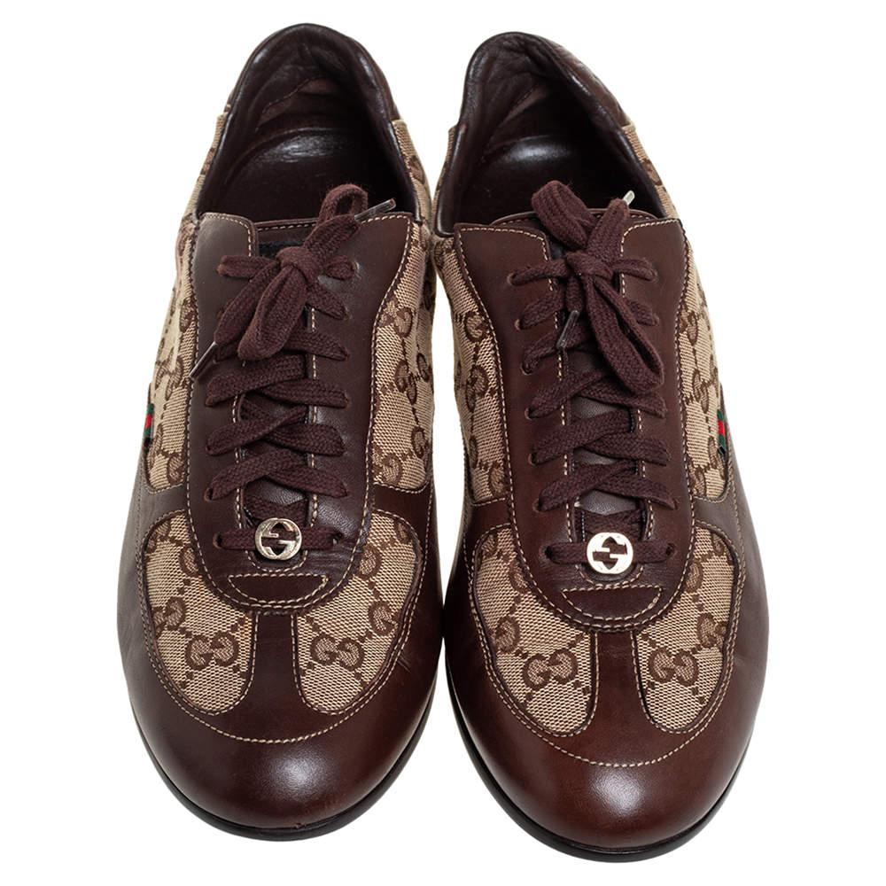 Essay your high style with these super-stylish sneakers from the house of Gucci! They are carefully crafted from GG canvas and leather and designed with lace-ups. You are sure to receive both comfort and fashion when you choose this pair.

