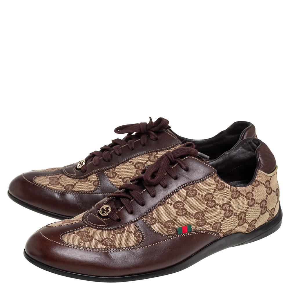 Gucci Brown/Beige Canvas Leather Lace Up Sneakers Size 40.5 In Good Condition For Sale In Dubai, Al Qouz 2