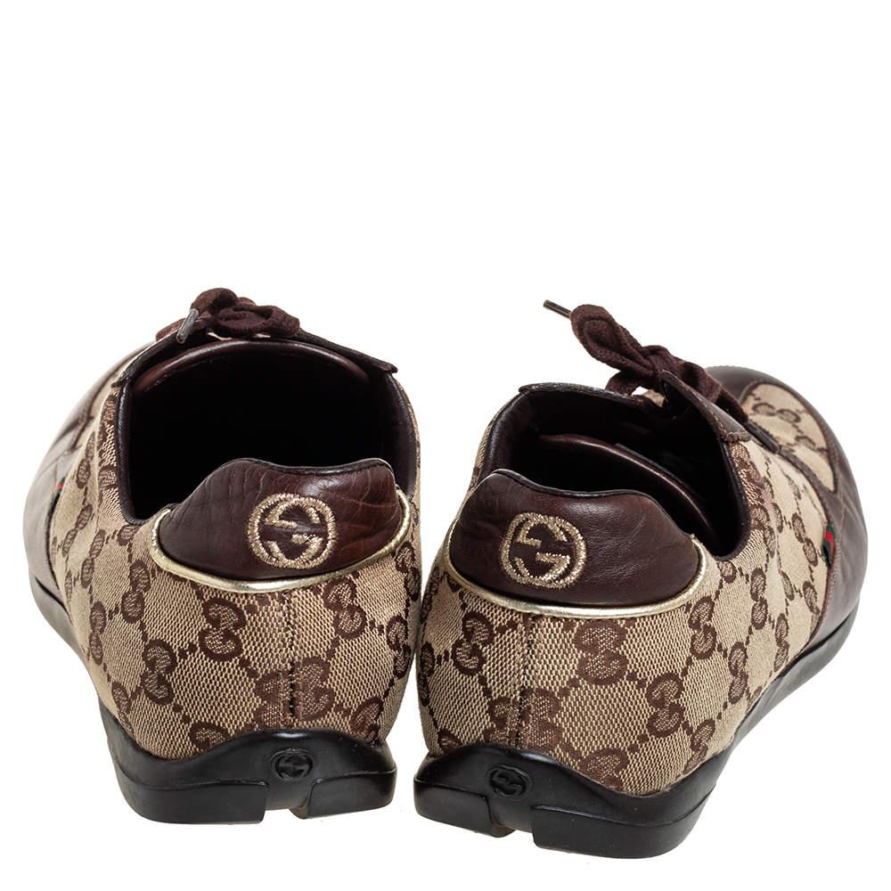 Gucci Brown/Beige Canvas Leather Lace Up Sneakers Size 40.5 For Sale 1