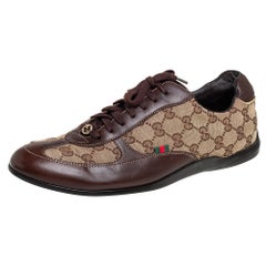 Gucci Brown/Beige Canvas Leather Lace Up Sneakers Size 40.5