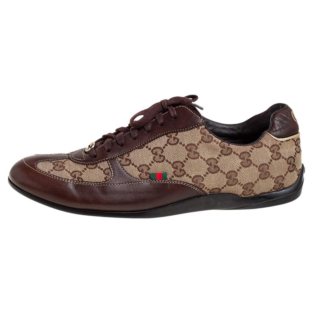 Gucci Brown/Beige Canvas Leather Lace Up Sneakers Size 40.5 For Sale
