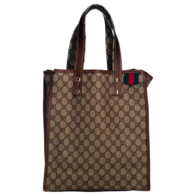 Gucci Brown Beige Coated Canvas Fabric GG Supreme Web Tote Bag Italy For Sale at 1stdibs