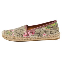 Used Gucci Brown/Beige Floral Print GG Supreme Canvas Espadrille Flats Size 38