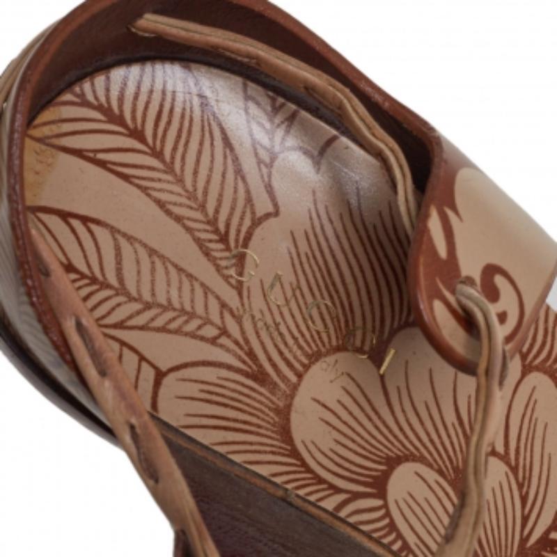 Women's Gucci Brown/Beige Floral Printed Leather Ankle Wrap Sandals Size 37 For Sale