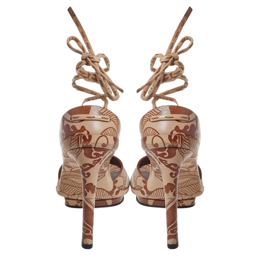 Gucci Brown/Beige Floral Printed Leather Ankle Wrap Sandals Size 37 1