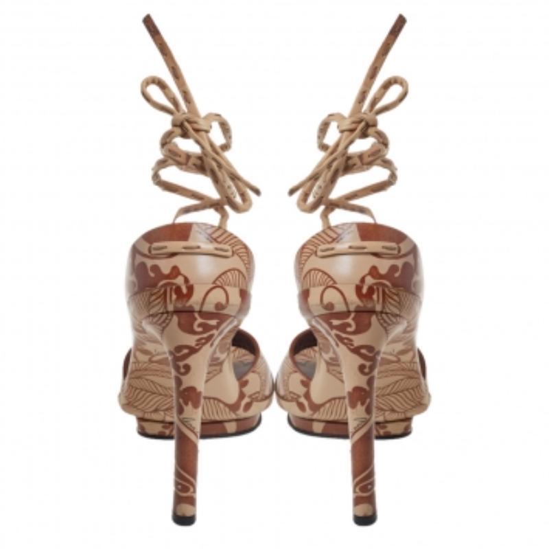 Gucci Brown/Beige Floral Printed Leather Ankle Wrap Sandals Size 37 For Sale 2