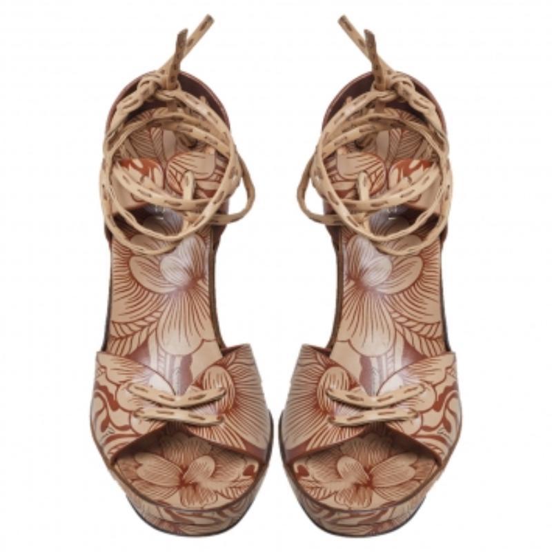 Gucci Brown/Beige Floral Printed Leather Ankle Wrap Sandals Size 37 For Sale 3