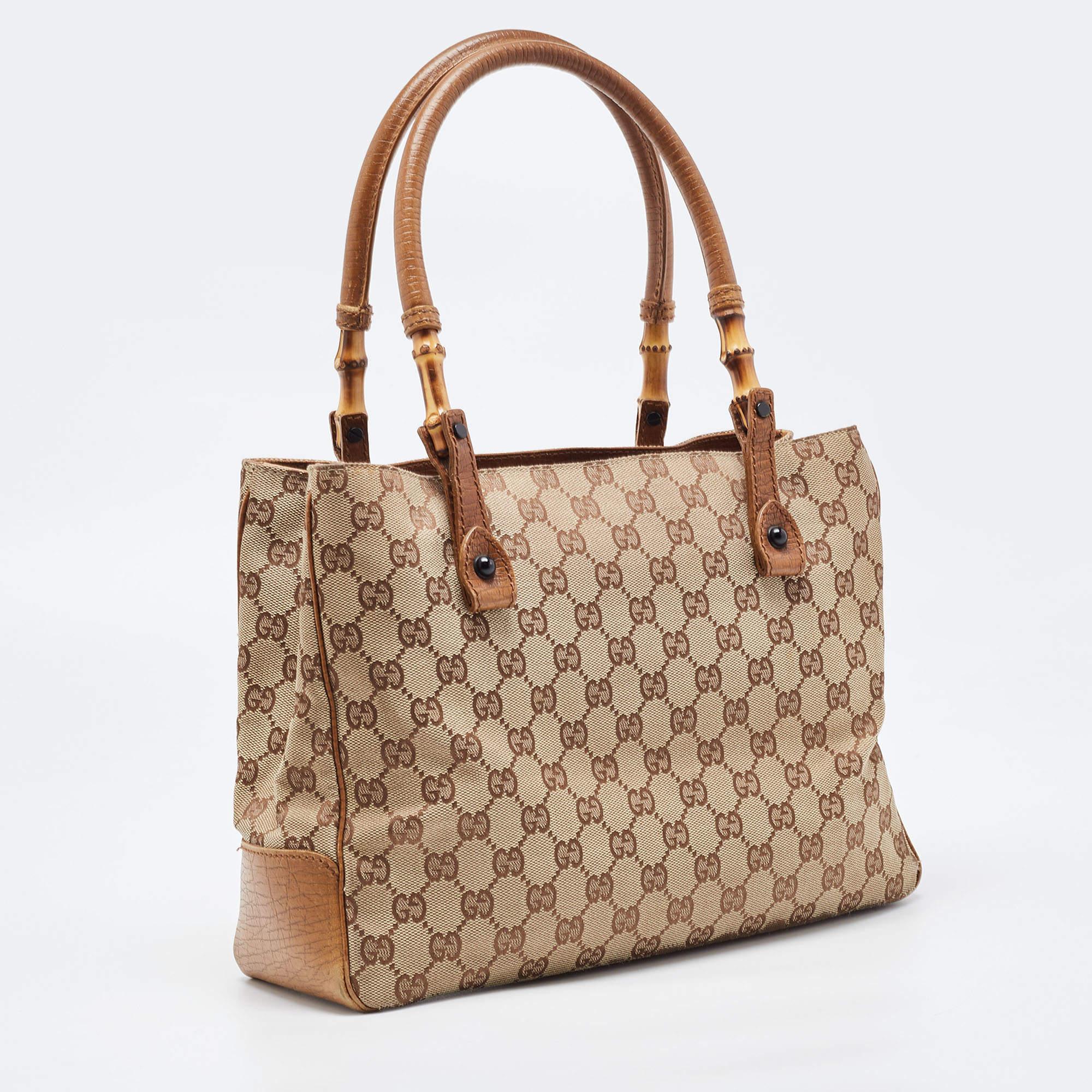 Gucci Brown/Beige GG Canvas And Leather Bamboo Tote 6
