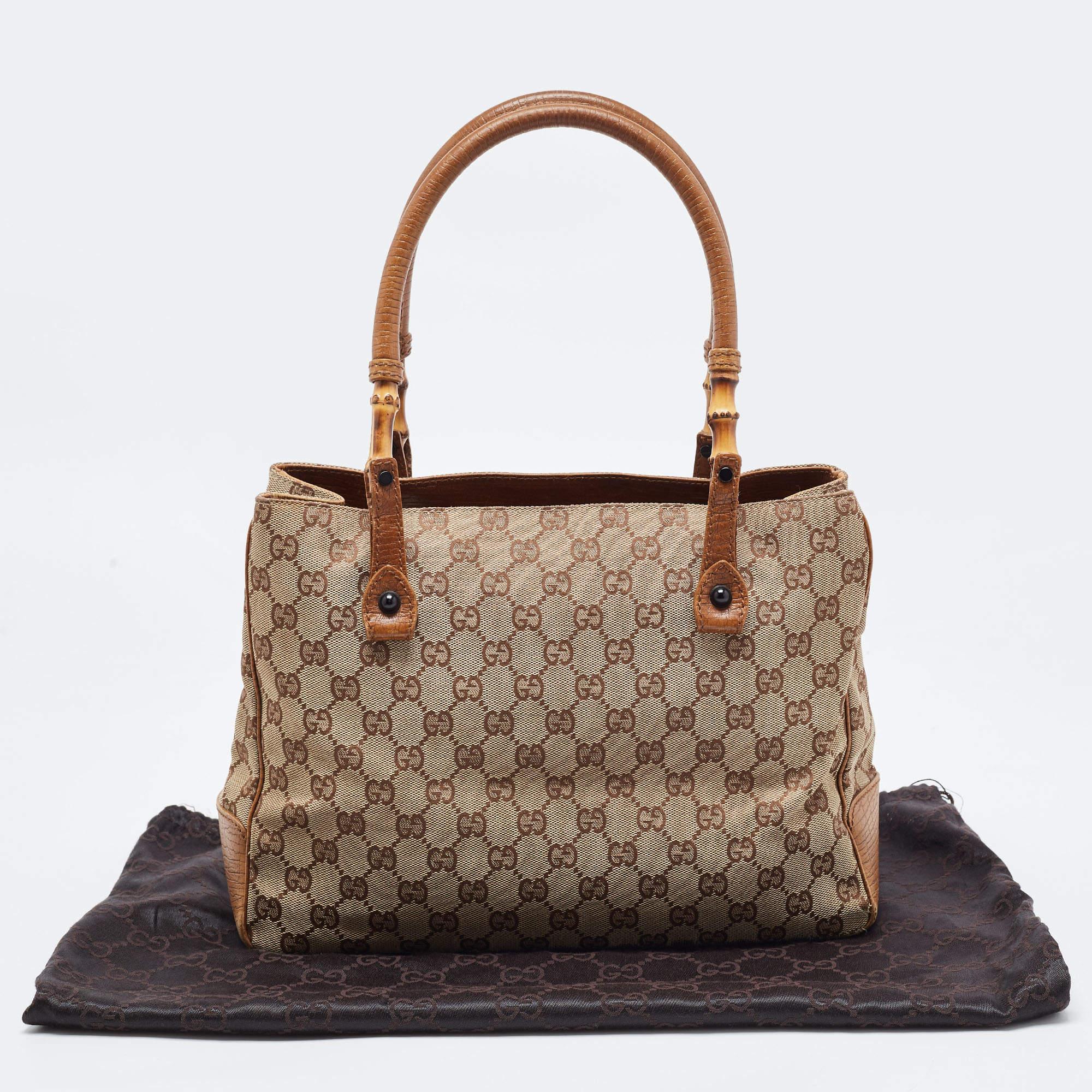 Gucci Brown/Beige GG Canvas And Leather Bamboo Tote 14