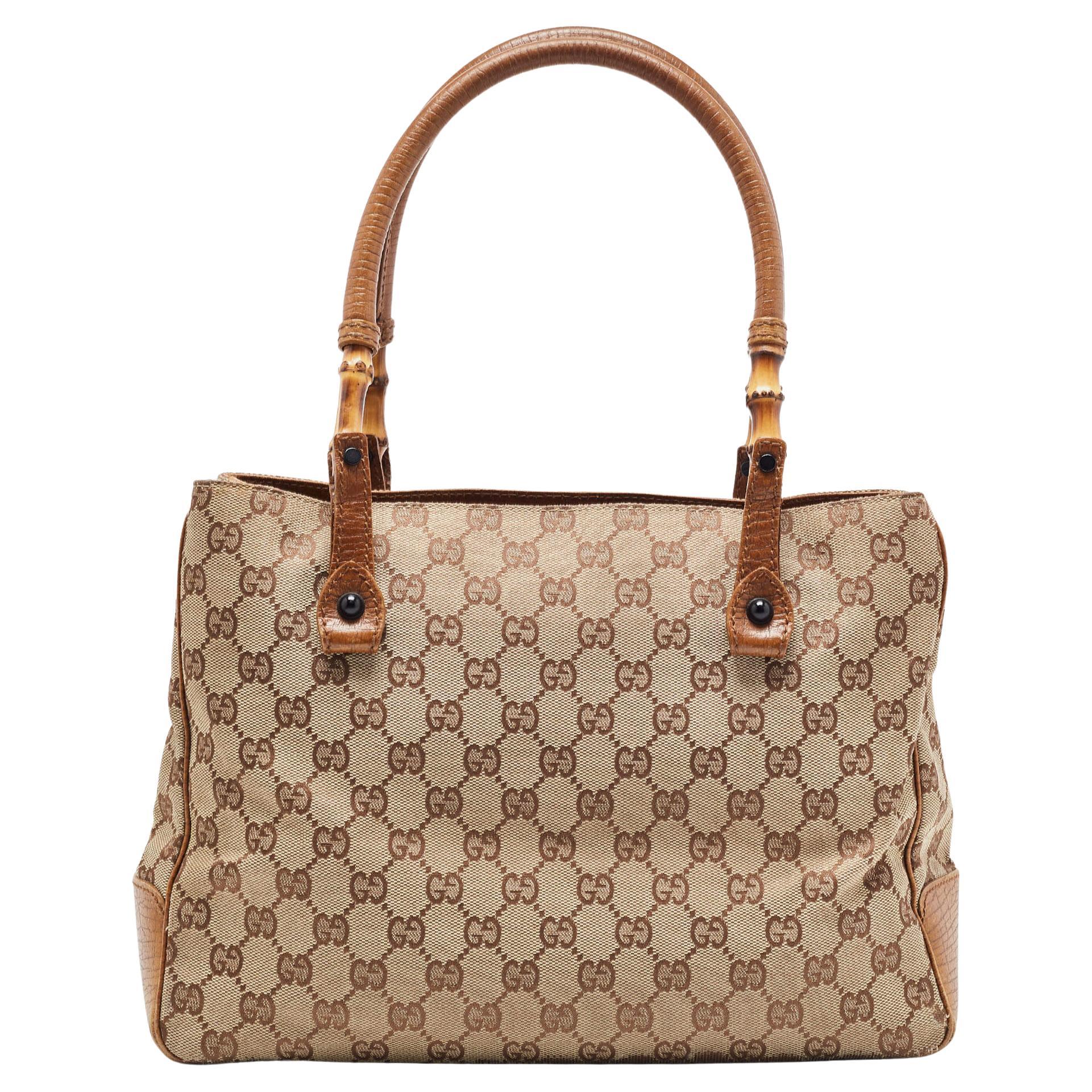 Gucci Brown/Beige GG Canvas And Leather Bamboo Tote