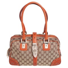 Used Gucci Brown/Beige GG Canvas and Leather Buckle Flap Glam Boston Bag