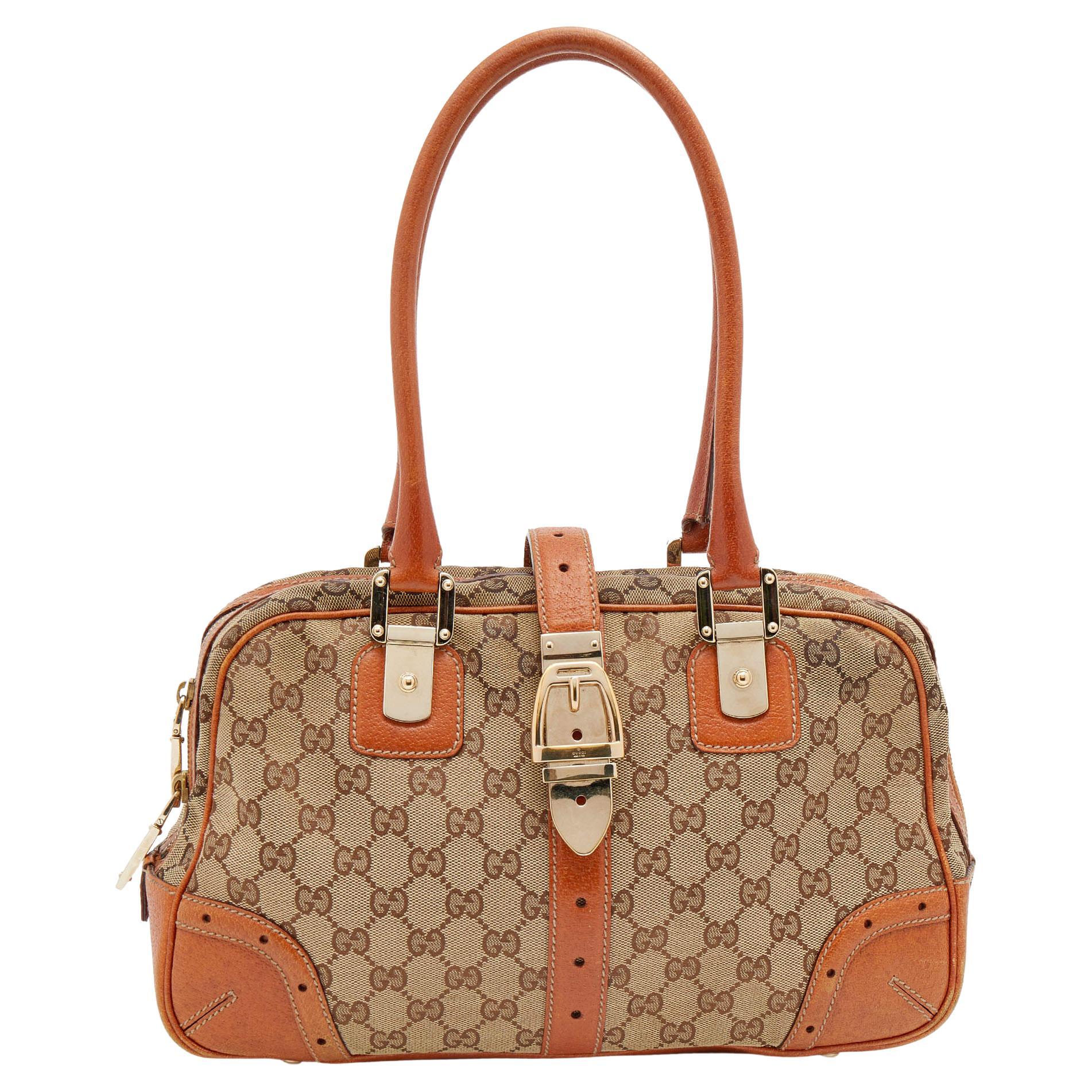 Gucci Brown/Beige GG Canvas and Leather Buckle Flap Glam Boston Bag For Sale