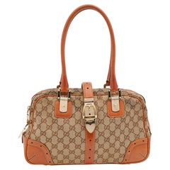 Retro Gucci Brown/Beige GG Canvas and Leather Buckle Flap Glam Boston Bag