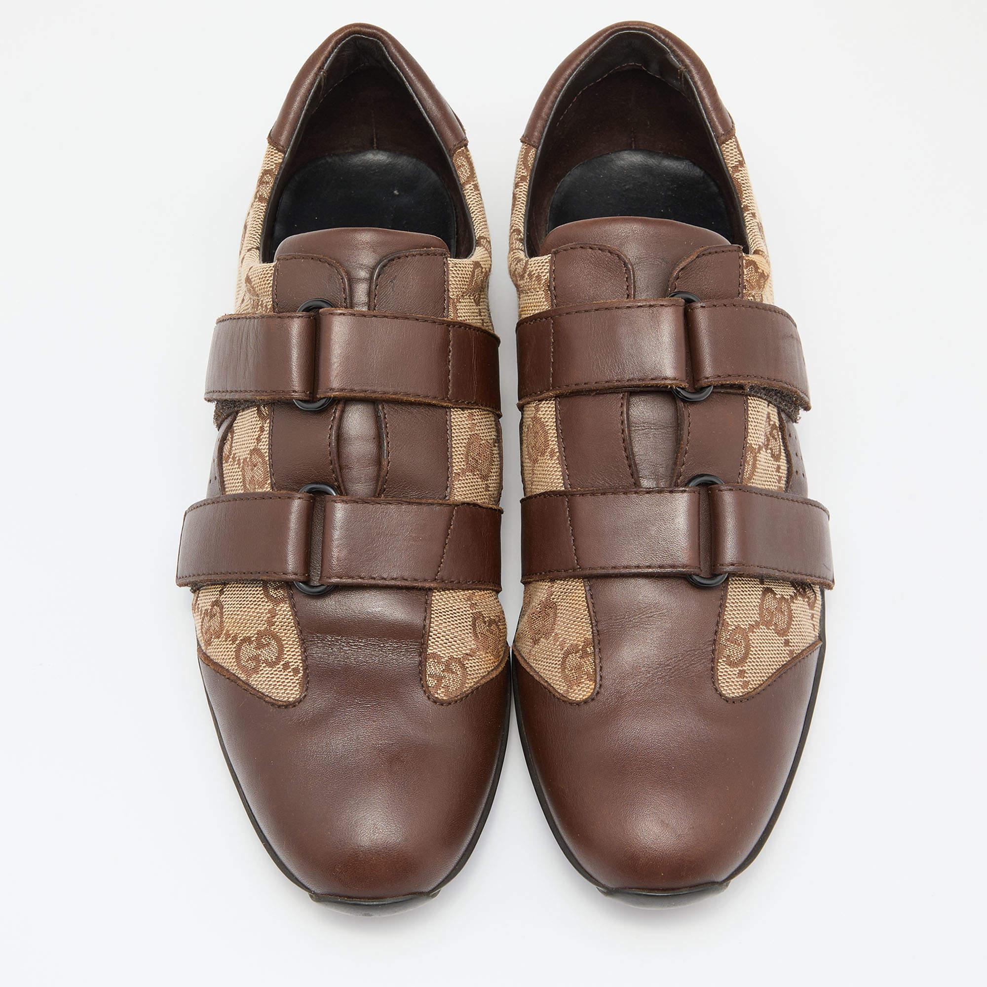 Gucci Brown/Beige GG Canvas and Leather Double Velcro Strap Sneakers Size 39.5 In Good Condition In Dubai, Al Qouz 2