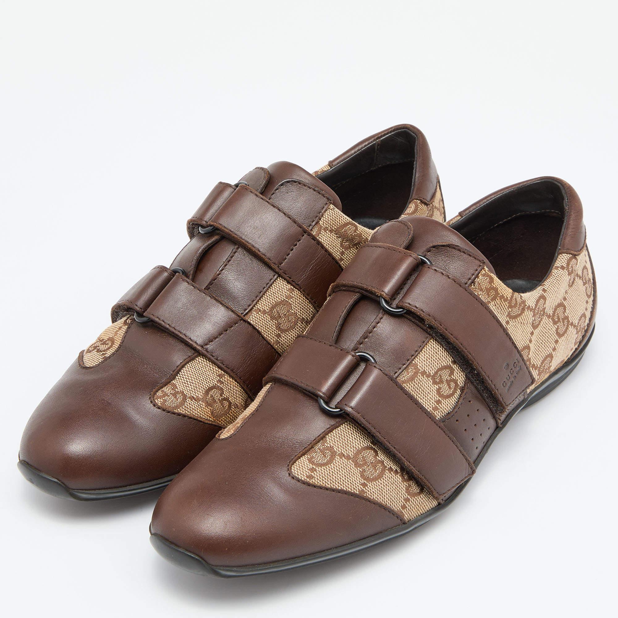 Gucci Brown/Beige GG Canvas und Leder Double Velcro Strap Sneakers Größe 39.5 im Zustand „Gut“ in Dubai, Al Qouz 2