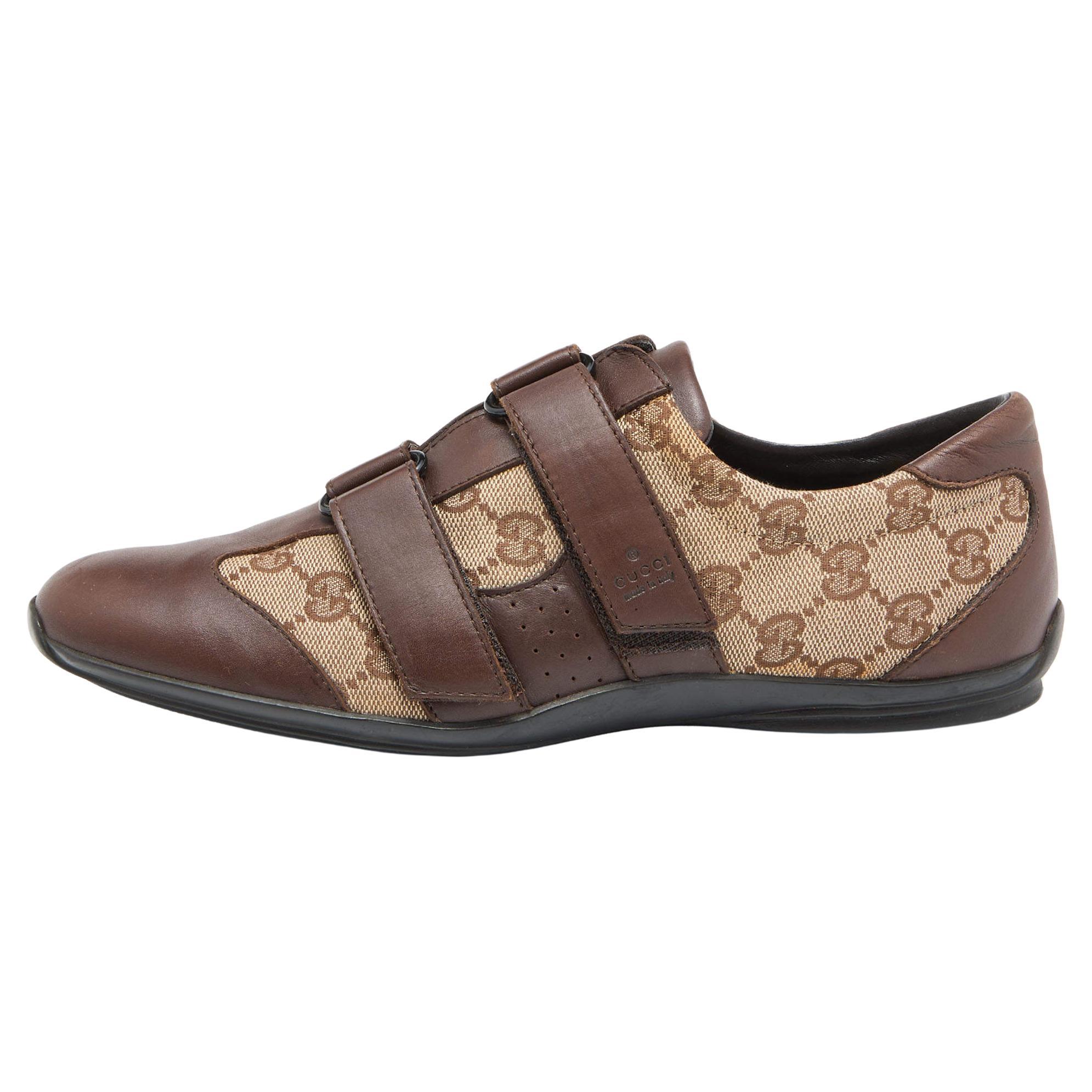 Gucci Brown/Beige GG Canvas and Leather Double Velcro Strap Sneakers Size 39.5 For Sale