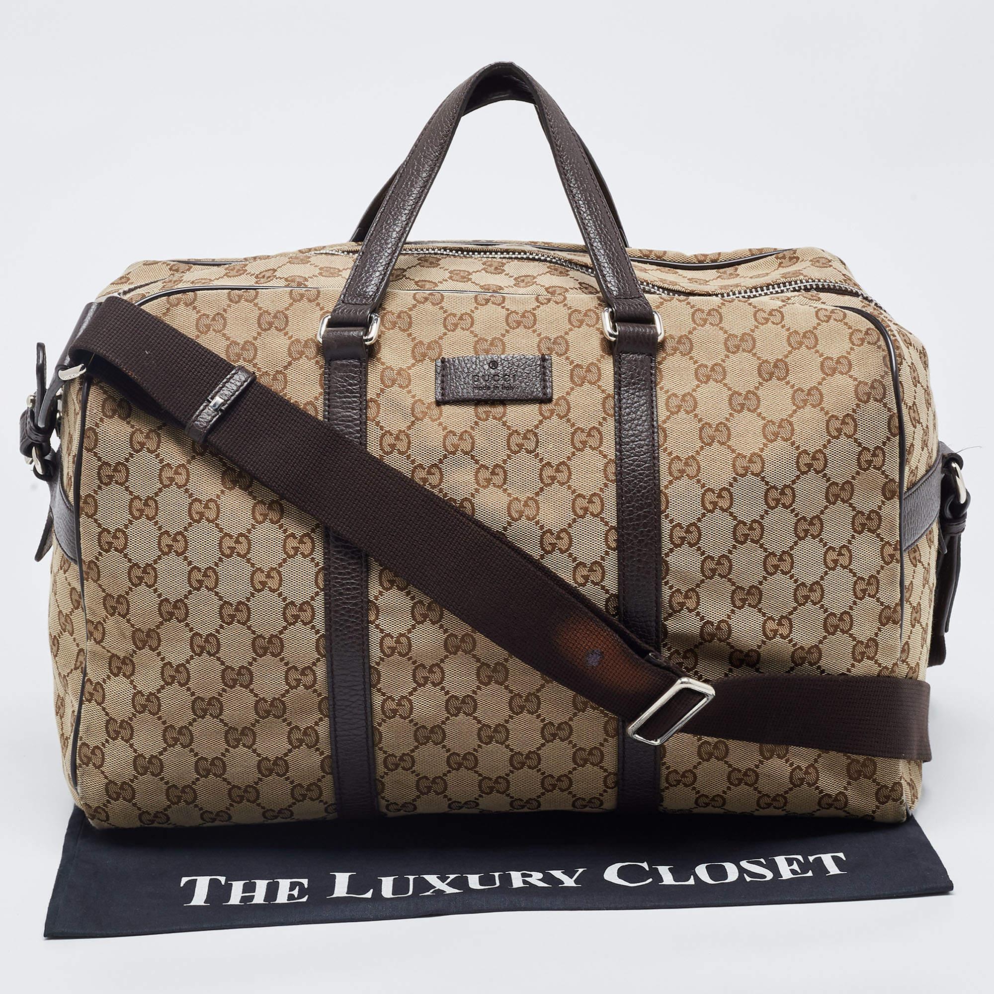 Gucci Brown/Beige GG Canvas and Leather Duffel Weekender Bag 17