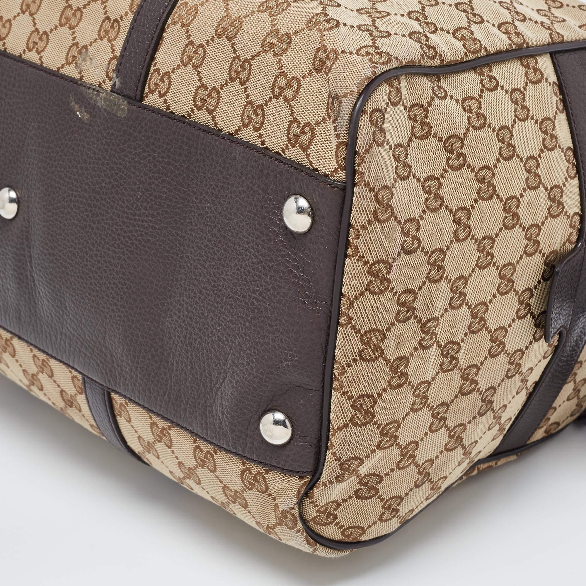 Gucci Brown/Beige GG Canvas and Leather Duffel Weekender Bag 5
