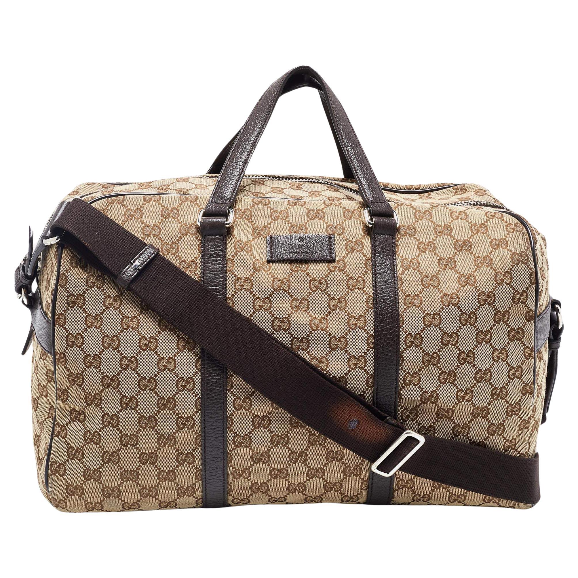 Gucci Brown/Beige GG Canvas and Leather Duffel Weekender Bag