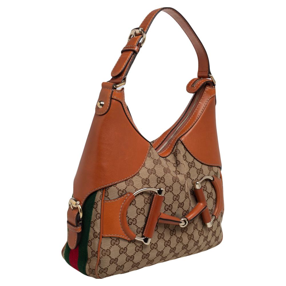 Gucci Braun/Beige GG Segeltuch und Leder Horsebit Heritage Hobo Damen