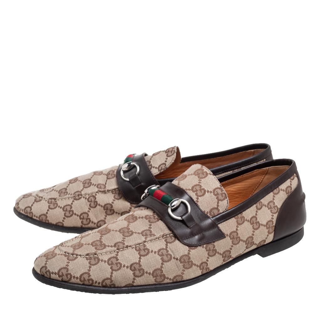 Men's Gucci Brown/Beige GG Canvas And Leather Horsebit Web Slip On Loafers Size 44.5