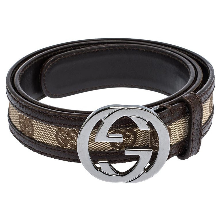 Gucci Brown/Beige GG Canvas and Leather Interlocking G Buckle Belt 80CM ...