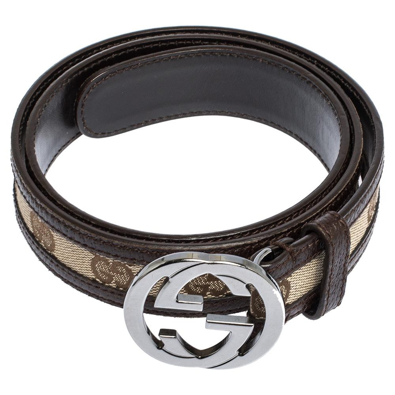 Brown/Beige GG Canvas Leather Interlocking G Buckle at 1stDibs | old gucci belt, gucci belt old model, gucci canvas belt