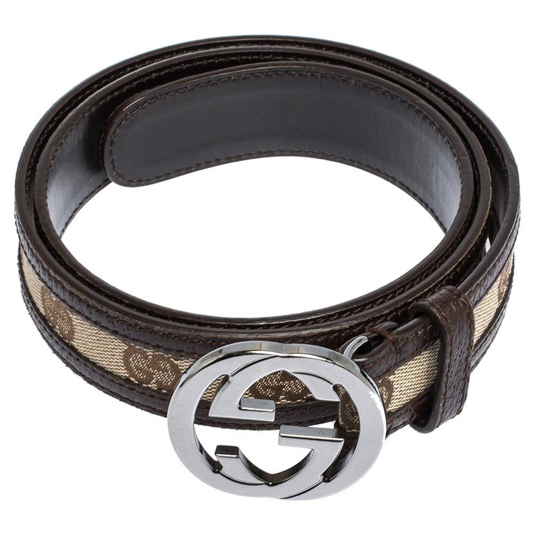 Gucci Brown/Green Web Tape And Leather Bee Plague Buckle Belt 80 CM Gucci