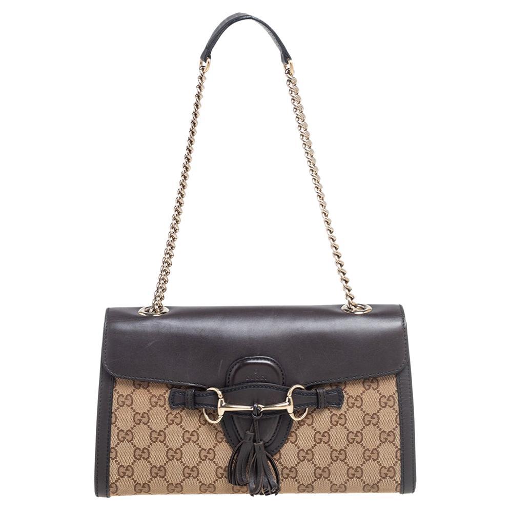 Gucci Brown/Beige GG Canvas And Leather Medium Emily Chain Shoulder Bag For  Sale at 1stDibs