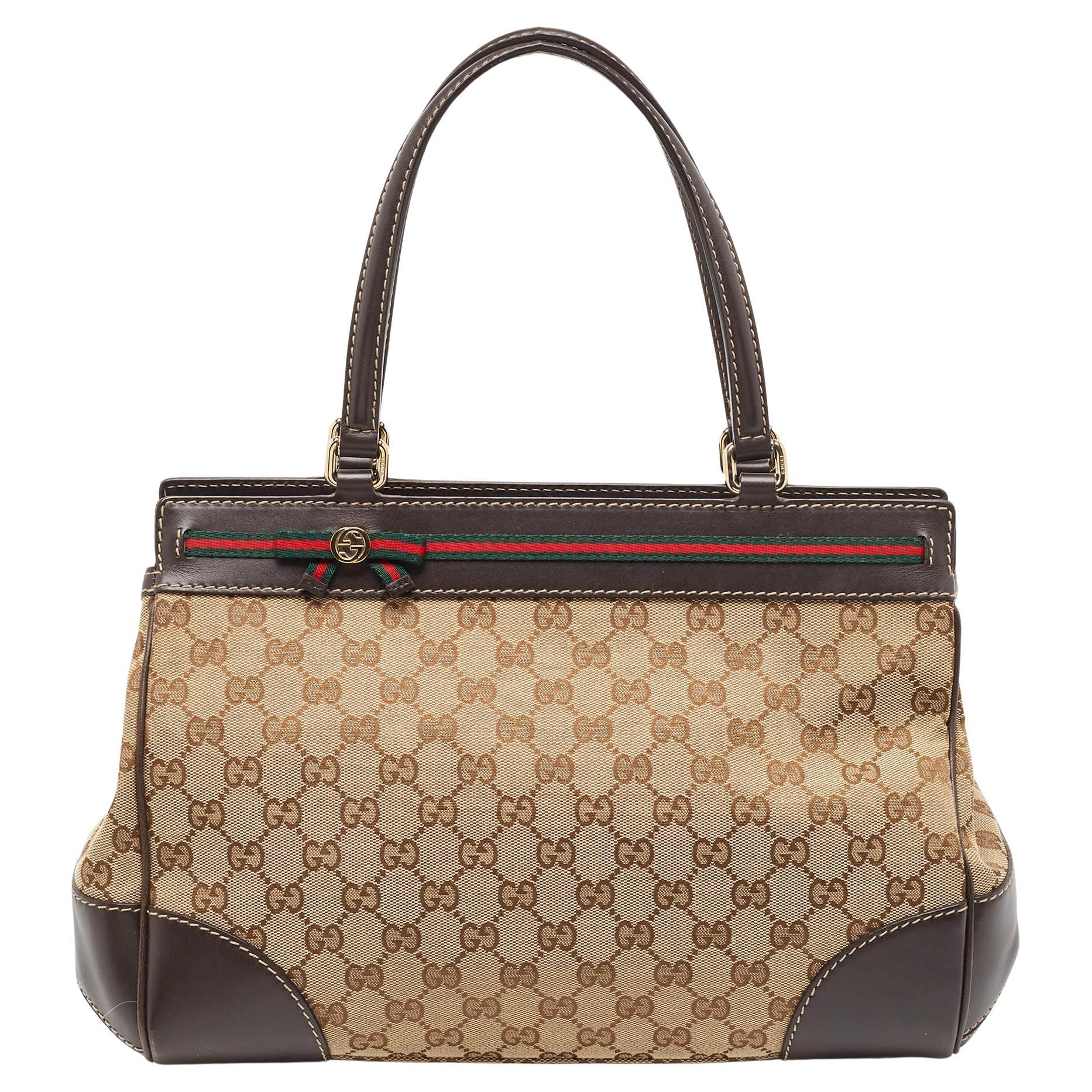 Gucci Brown/Beige GG Canvas and Leather Medium Mayfair Web Tote